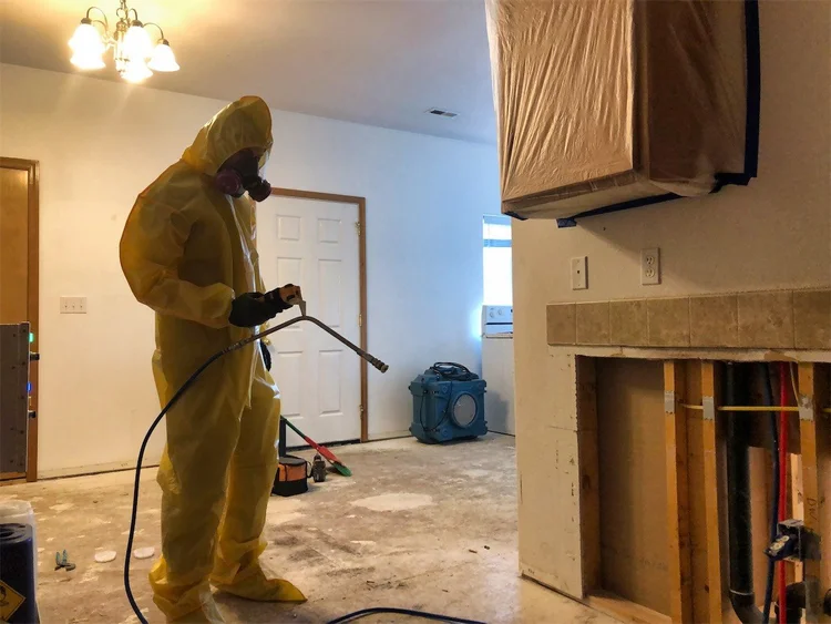 Restoration technician working inside damaged home