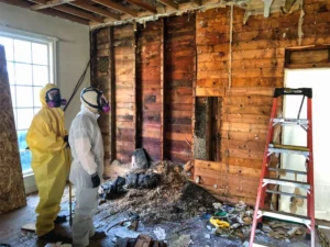 Fire-damaged interior with exposed framing during restoration
