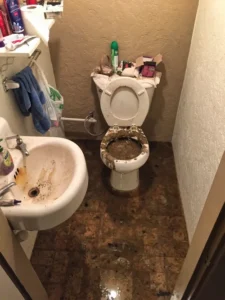 Sewage backup and contamination in residential bathroom